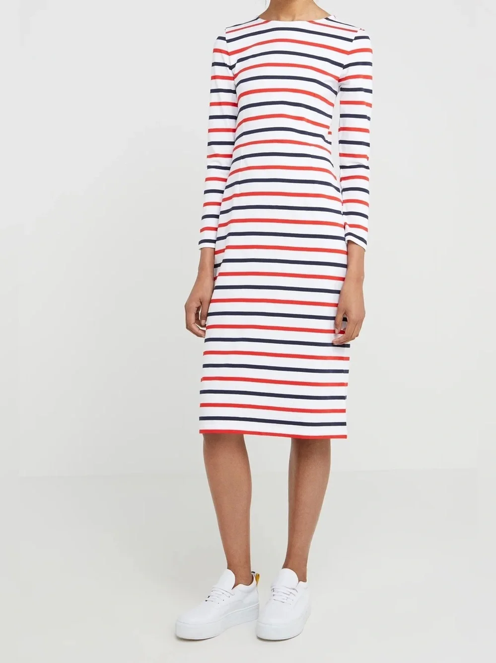 J. Crew White Midi Dress with Navy & Red Stripes